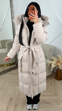 Gewatteerde Lange Puffer Jas met Capuchon en Ceintuur