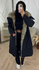 Lange Puffer Jas met Afneembare Faux Fur Capuchon