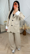 Linen Style Blazer Set met Contrast Mouwen