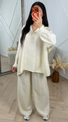 Linenstyle 2-Piece Set met V-hals Kraag en Wide Leg Broek