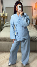 Linen Wrap Cardigan Set Tie Belt Detail