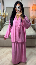 Linnenlook V Neck Top + Skirt Set Two Button Detail