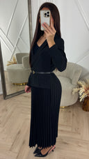 Luxe Blazer Plissé Maxi Jurk met Ceintuur