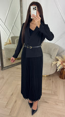 Luxe Blazer Plissé Maxi Jurk met Ceintuur