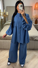 Oversized Katoenen Set met Pofmouwen & Rechte Broek