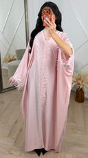 Satijnen Abaya Maxi Jurk met Veren en Strass Details