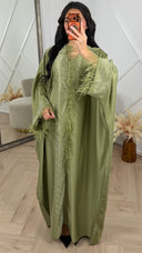 Satijnen Abaya Maxi Jurk met Veren en Strass Details