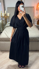 V Neck Pleated Dress Tie Waist Belt