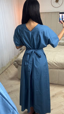 V Neck Pleated Dress Tie Waist Belt
