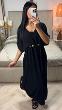 V Neck Pleated Viscose Dress Boho Tie Belt