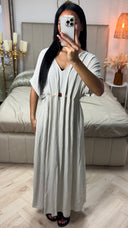 V Neck Pleated Viscose Dress Boho Tie Belt