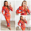 V Neck Printed Dress Taille Detail Shoulder Pads 7932-1