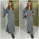 Pleated Tie Belt Dress Wide Sleeves