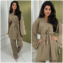 Basic V Neck Tie Belt Wide Sleeve + Leg Set