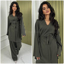 Basic V Neck Tie Belt Wide Sleeve + Leg Set