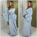 Pleated Tie Belt Dress Wide Sleeves