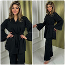 Basic V Neck Tie Belt Wide Sleeve + Leg Set