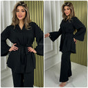 Basic V Neck Tie Belt Wide Sleeve + Leg Set