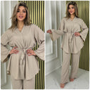 Basic V Neck Tie Belt Wide Sleeve + Leg Set