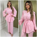 Basic V Neck Tie Belt Wide Sleeve + Leg Set