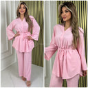 Basic V Neck Tie Belt Wide Sleeve + Leg Set
