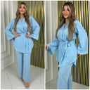 Basic V Neck Tie Belt Wide Sleeve + Leg Set