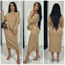 Long Sweater Dress High Neck Tie Belt Button Details