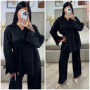 2pcs Set V Neck Slit Sleeve Tie Detail + Wide Leg