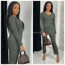 V Neck Thin Ribbed Wide Leg Musthave Set