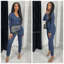 V Neck Thin Ribbed Wide Leg Musthave Set