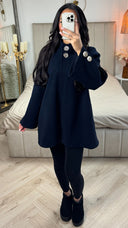Double Golden Buttons Sleeve Detail Midi Split Coat