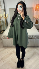 Double Golden Buttons Sleeve Detail Midi Split Coat