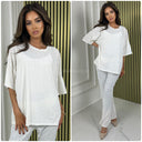 Eyelet Round Neck T-shirt + Wide Leg Pants Set