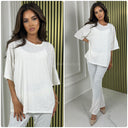 Eyelet Round Neck T-shirt + Wide Leg Pants Set