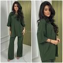 Eyelet Round Neck T-shirt + Wide Leg Pants Set