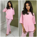 Eyelet Round Neck T-shirt + Wide Leg Pants Set
