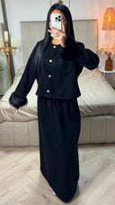 Faux Fur Sleeve Crop Cardigan Button Detail Skirt Set