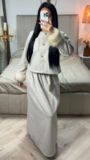 Faux Fur Sleeve Crop Cardigan Button Detail Skirt Set