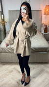 Fur Sleeve Tie Belt Button V Neck Cardigan