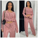 Long Sleeve Glossy Ribbed Set Wide Leg