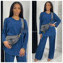 Long Sleeve Glossy Ribbed Set Wide Leg
