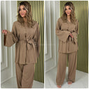 Golden Seam V Neck Tie Belt Wide Leg Set