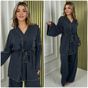 Golden Seam V Neck Tie Belt Wide Leg Set