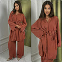 Golden Seam V Neck Tie Belt Wide Leg Set
