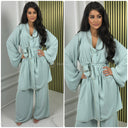 Golden Seam V Neck Tie Belt Wide Leg Set