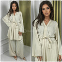 Golden Seam V Neck Tie Belt Wide Leg Set
