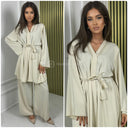 Golden Seam V Neck Tie Belt Wide Leg Set