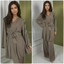 Golden Seam V Neck Tie Belt Wide Leg Set