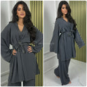 Golden Seam V Neck Tie Belt Wide Leg Set