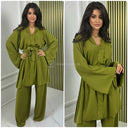 Golden Seam V Neck Tie Belt Wide Leg Set